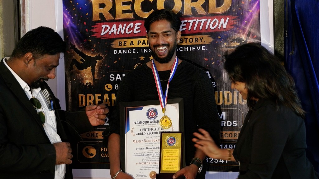 Sam Sukant Lenka celebrating world record achievement at Dreamers Dance Studio