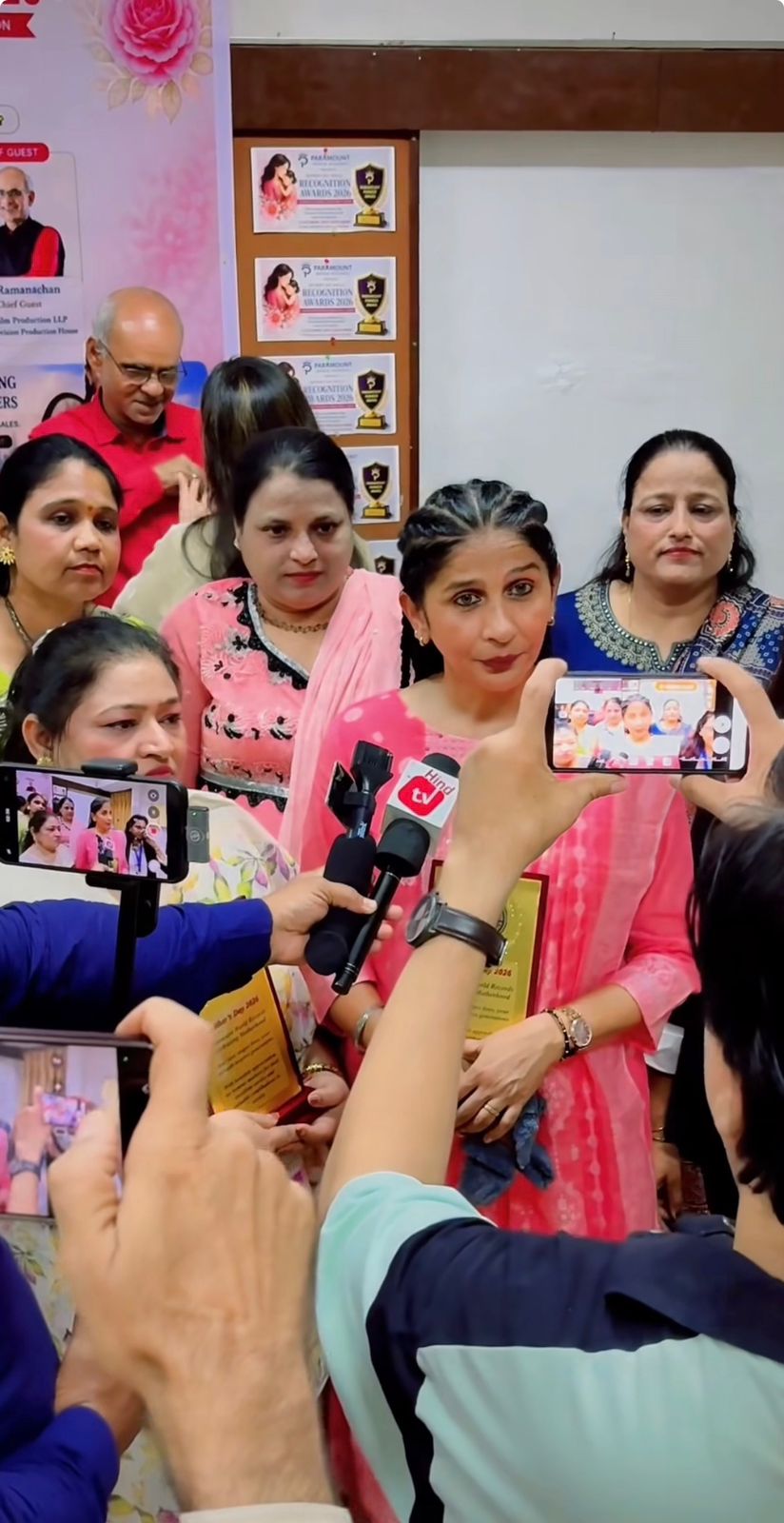 Award recipient interviewed by Hind TV and media at Mother's Day Recognition Awards 2026